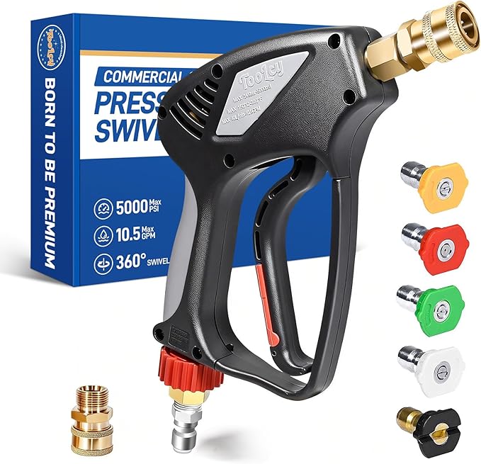 TOOLCY Pro Short Pressure Washer Gun 5000 PSI with 360° Swivel,3/8" Quick Connect Inlet, High Pressure Washer Gun with 1/4" Quick Connect Outlet, Includes 3/8" QC to M22-14mm Adapter & 5 Nozzle Tips