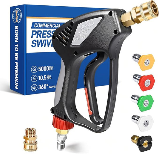TOOLCY Pro Short Pressure Washer Gun 5000 PSI with 360° Swivel,3/8" Quick Connect Inlet, High Pressure Washer Gun with 1/4" Quick Connect Outlet, Includes 3/8" QC to M22-14mm Adapter & 5 Nozzle Tips