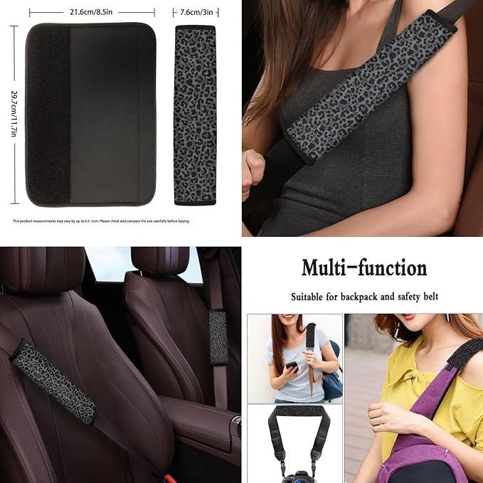 POLERO Black Leopard Car Seat Covers 11Pcs Full Set Black Cheetah Steering Wheel Cover Black Animal Print Seatbelt Pads Cupholder Coasters with Keychains