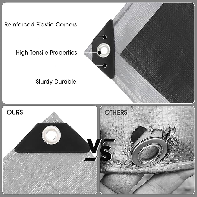 ele ELEOPTION 10x13 Tarp Waterproof Heavy Duty Emergency Rain Snow Outdoor Cover Reinforced Edges Large tarp for Camping Patio Pool,Boat, Roof, UV Resistant Use Black Gray