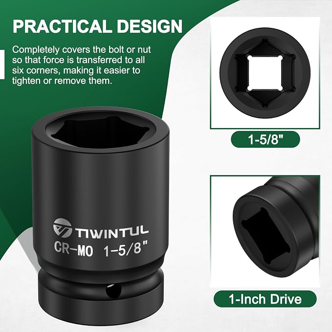 1-5/8" Impact Socket 1" Drive, 6 Point Design, CR-MO Large Impact Socket, ANSI Certified, Heavy Duty Socket 1 Inch Drive for Truck Axle Nuts, Heavy Equipment, Mining & Fleet Repair