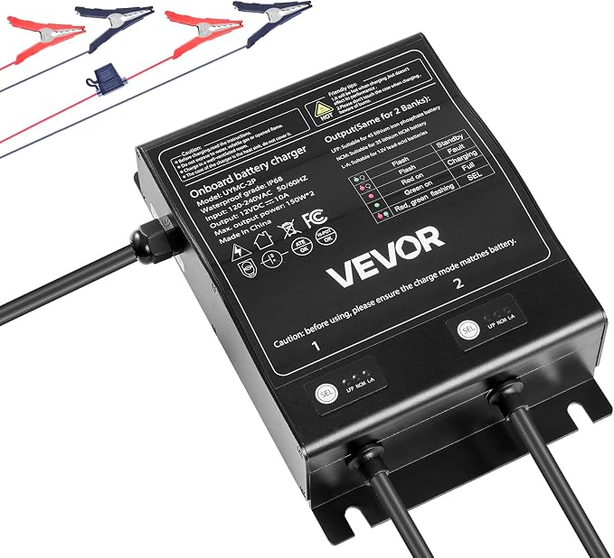 VEVOR 2 Bank Marine Battery Charger, 10A (10A/Bank) 12V Onboard Boat Charger, IP68 Waterproof Smart Battery Charger for Lithium LiFePO4, NCM, Lead-Acid Batteries, Large Boat, Yacht, RV, Trailer