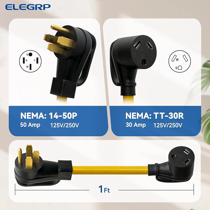 ELEGRP 50 Amp to 30 Amp RV Adapter Cord, NEMA 14-50P Male to TT-30R Female, 12" Heavy Duty Dogbone Electrical Converter for Travel Trailer Camper, STW 10/3 AWG with Grip Handles, UL Standard Compliant