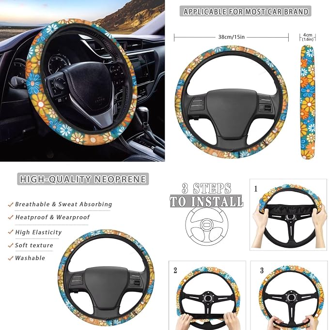 Hippie Floral Pattern Car Seat Covers Full Set for Women, Car Steering Wheel Cover Protector, Auto Center Console Pad, Auto Seat Belt Pads, 8 Pcs Automotive Interior Accessories