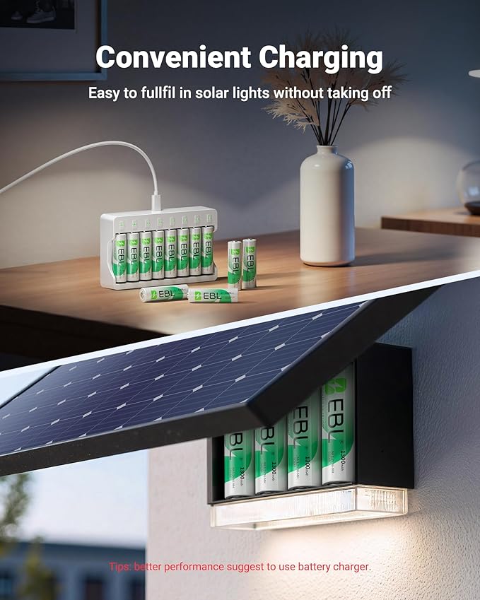 EBL Solar AA Battery Rechargeable Batteries for Outdoor Solar Lights, 1300mAh NIMH Pre-Charged 1.2V Recharge up to 1200x Times for Garden Landscaping String Lights, Pack of 12
