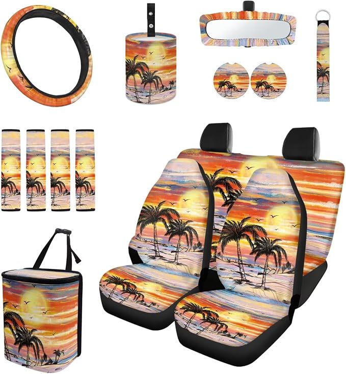 Sunset Tropical Palm Car Seat Cover Full Set Automotive Steering Wheel Covers Auto Seatbelt Pads Coaster Trash Can Rear View Mirror Cover Car Coasters Keychain 15 Packs