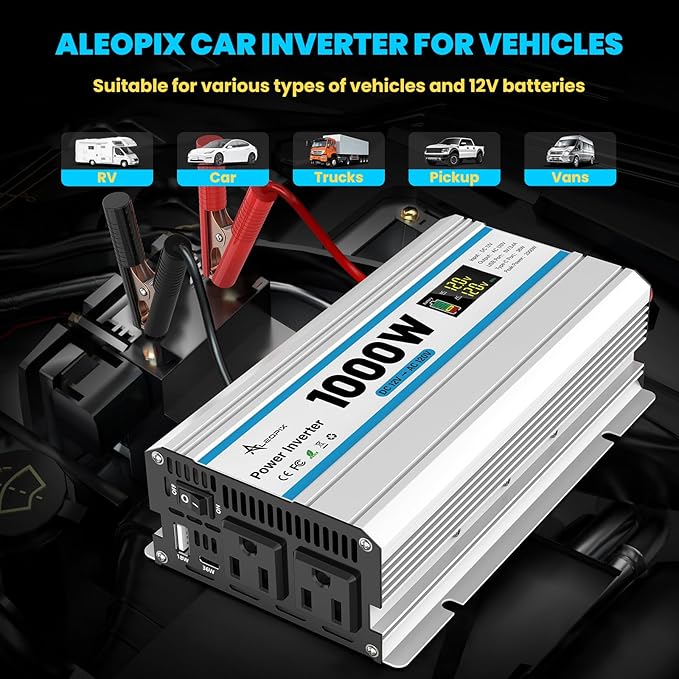 1000W Car Inverter 12V to 110V DC to AC Power Inverters for Vehicles with 2 AC Outlets/36W PD USB-C/18W QC USB-A Fast Charging/Cigarette Lighter/LED Display/100A Cables 1000 Watt Inverter