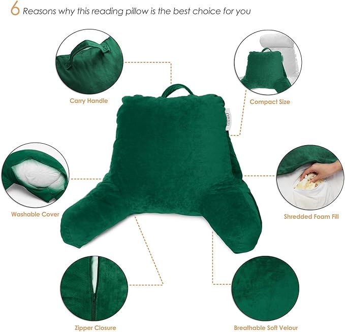 Nestl Reading Pillow with Shredded Memory Foam, Designed for Sitting Up in Bed and Couch, Back and Arms Adjustable Support for Adult & Teens Backrest Pillows for Reading with Washable Cover Dark Green