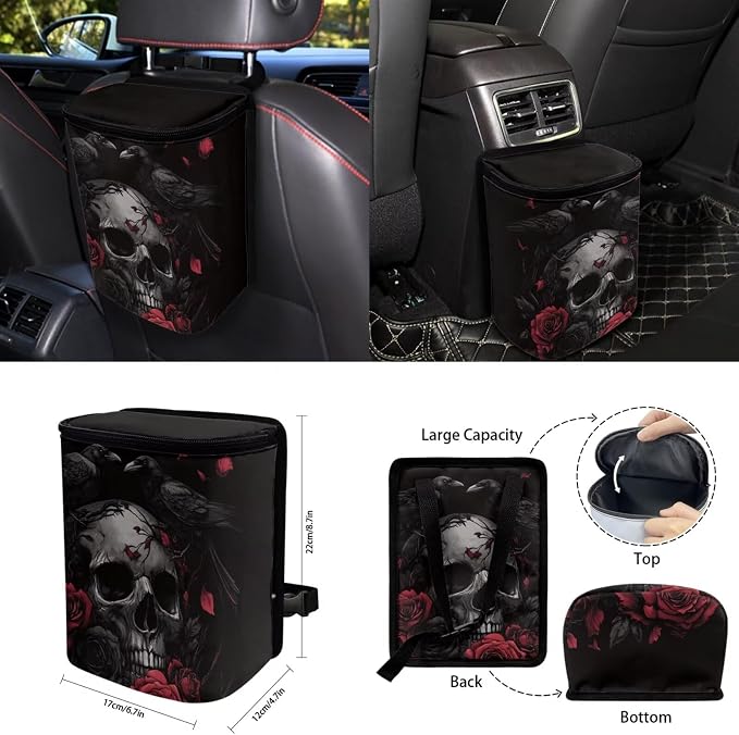 15Pcs Rose Raven Skull Car Seat Cover Full Set for Women with Car Steering Wheel Cover Seat Belt Cover Trash Bin Front Rear View Mirror Car Cup Holder Keychain