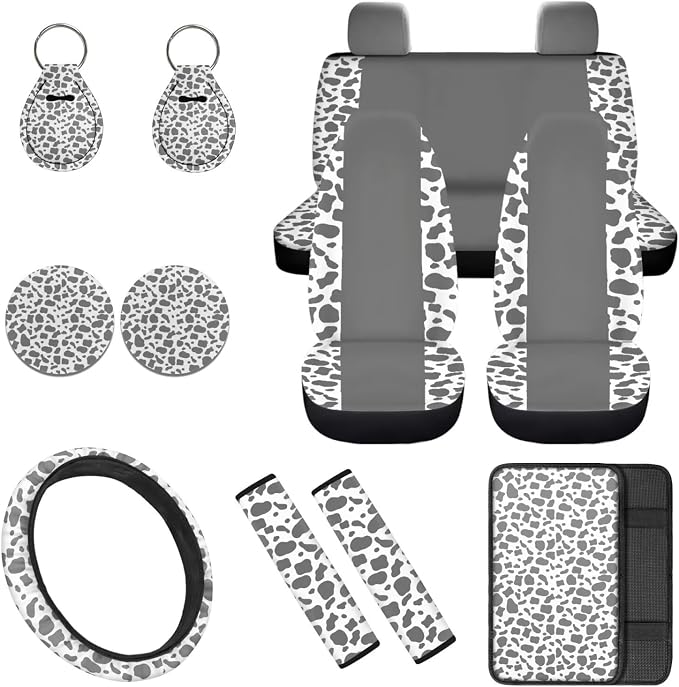 Gray Cow Print 12 Pack Car Seat Covers Full Set with Steering Wheel Cover Arm Rest Cover Car Cup Coasters Auto Seat Belt Cover Easy to Install Universal Fit for Vehicles,Cars,Suvs