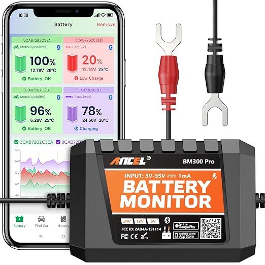 ANCEL BM300 Pro Battery Monitor - 6V/12V/24V Universal with Bluetooth 5.3 & Reinforced Design, Charging & Cranking Tests, Real-Time Alerts for Lead-Acid & Lithium Batteries in RV, Truck, Marine & More