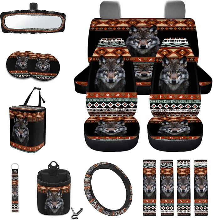 Aztec Wolf Car Front Back Seat Covers Full Set with Steering Wheel Cover Safe Belt Pads Cup Coasters Garbage Cans Rear View Mirror Cover Keychain Air Vent Storage Case, Set of 15