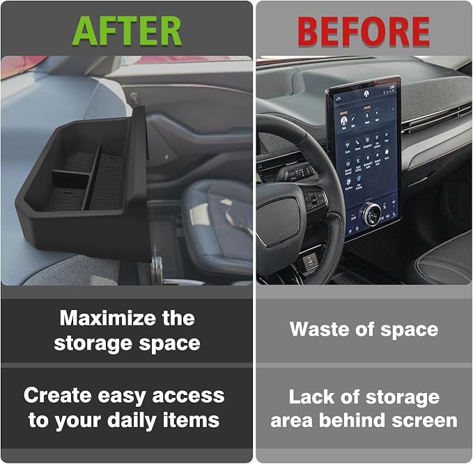 BestEvMod Upgrade Center Console Dash Storage Box Tray Compatible with Mustang Mach E 2021-2026 Dashboard Screen Back Organizer Custom fit ABS Material with PVC Trim Black