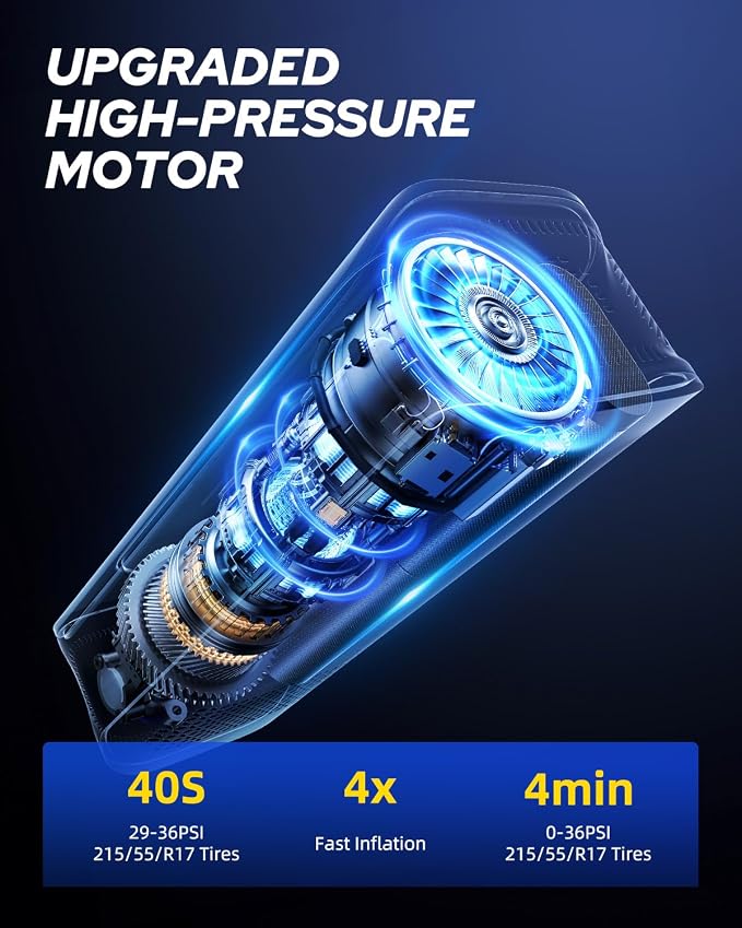 AUTOONE Tire Inflator Portable Air Compressor - 4X Faster 150PSI Cordless Air Pump with Digital Tire Pressure Gauge, 12V Car Power Adapter - for Car Motorcycle Bike Ball and More