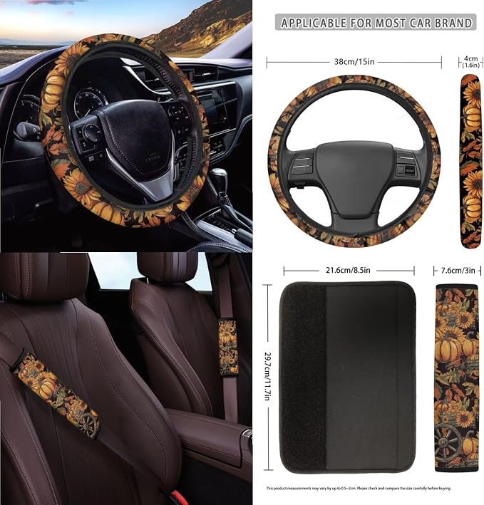 Pumpkin Sunflower Print Car Seat Covers Full Set Thanksgiving Decor Steering Wheel Cover Car Trash Can Keychain Seat Belt Pad Cup Coaster, Set of 15 for Autumn