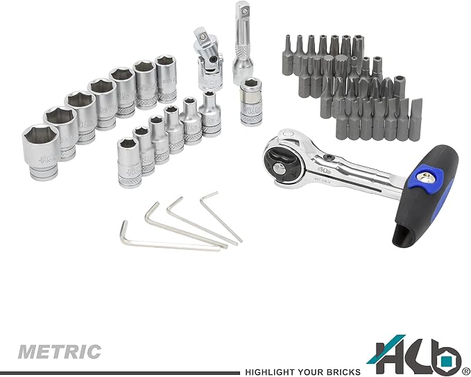 HB 50-Piece Socket and Bit Set AKM025-U | 90-Tooth 1/4-Inch Drive Swivel Head Pivot Ratchet Handle Quick Release Reversible | Security Bits Chrome Vanadium Steel S2 Steel Portable Case Made in Taiwan