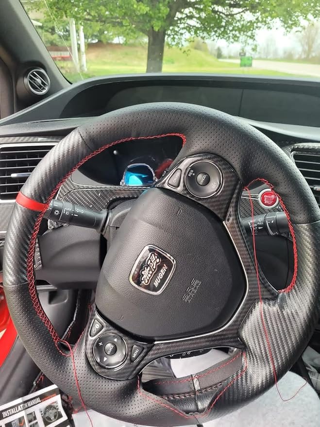 Loncky Carbon Fiber Black Genuine Leather Steering Wheel Cover for Honda Civic 9 Civic 2012 2013 2014 2015 Hand Stitched Custom Fit Car OEM Parts Interior Accessories