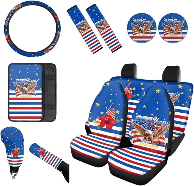 Wanyint Car Seat Cover Full Set 12 PCS, with Steering Wheel Seat Belt Strap Armrest Pad Handbrake Cover Gear Shift Cover Coasters Universal Fit for US 250th Anniversary, American Flag Hibiscus Eagle