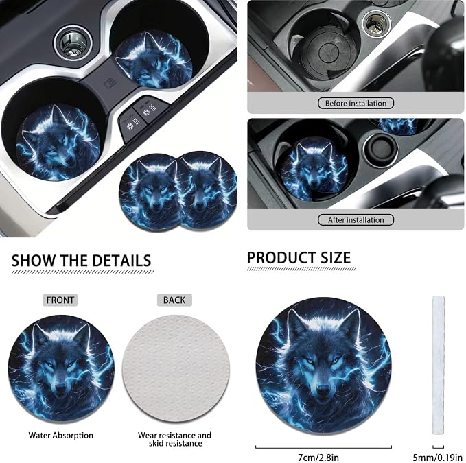 KEIAHUAN Blue Wolf Car Seat Cover Full Set for Men Includes Steering Wheel Covers, Car Holder, Handbrake and Gear Shift Knob Cover, Soft Auto Seat Head Rest Cover 11 Pieces
