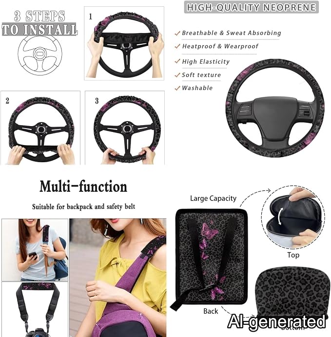Dreaweet Black Leopard Print Car Seat Covers Full Set Purple Butterfly Car Accessories Steering Wheel Cover Seatbelt Covers Trash Bin Rear View Mirror Cover Cup Holders Keychain Air Vent Storage Pouch