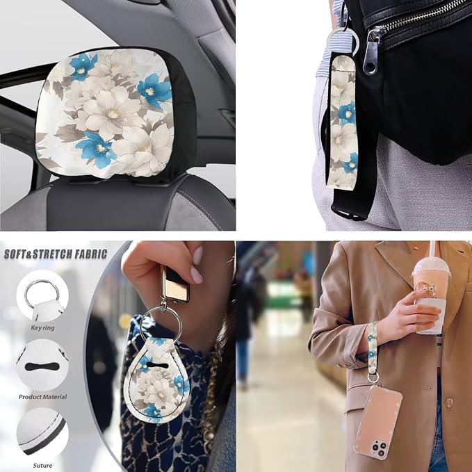 13 Pack Jasmine Flower Car Seat Cover, Jasmine Flowers Blue White Steering Wheel Cover, Vintage Floral Durable Car Seat Protectors Seatbelt Covers Keychain
