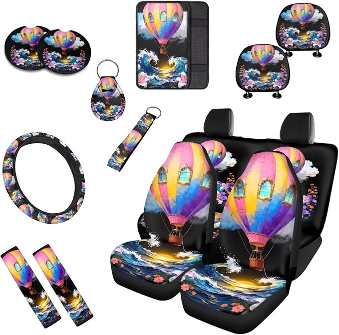 Balloon 13 Pcs Car Seat Covers Full Set, Ocean Wave Hot Air Balloon Auto Front and Rear Bench Seat Protector, Tropital Hibiscus Steering Wheel Sleeve Auto Armrest Cover
