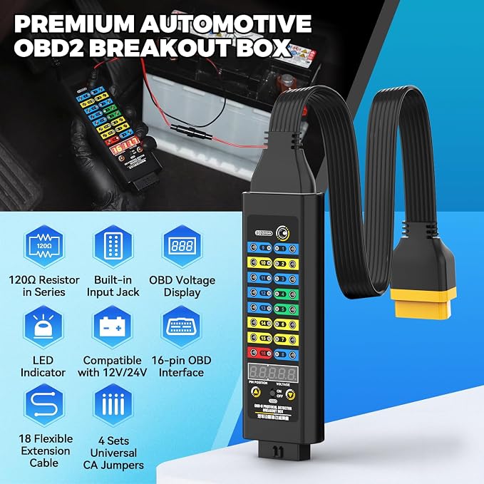 OBD2 Breakout Box, 120Ω Resistor DC 12V/24V Premium Automotive Diagnostics OBDII Protocol Detector for Communication/Power/Ground Detection/ECU Testing, W/Voltage Display,Universal Wire Jumper & Clips