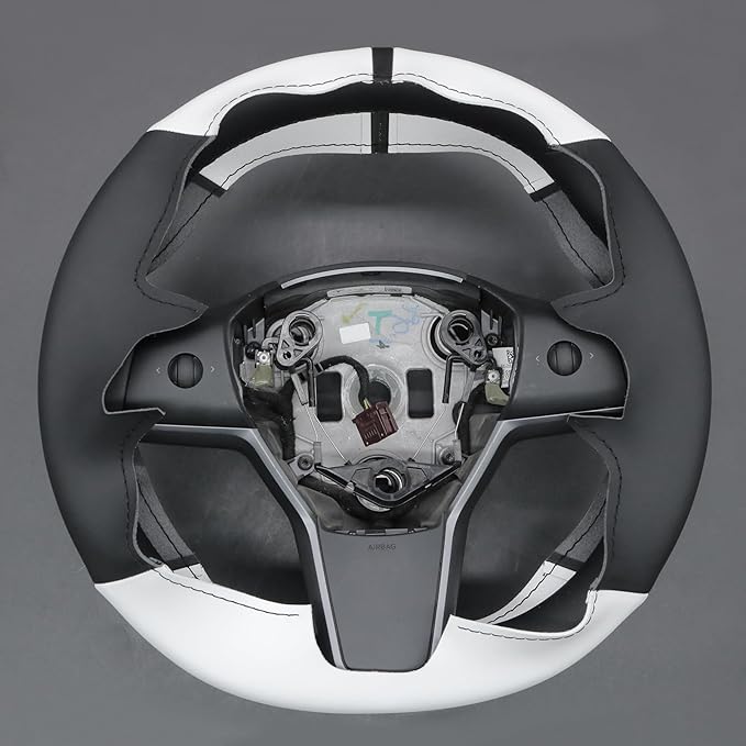 MEWANT Hand Stitch Steering Wheel Cover for Tesla Model Y 2023 Tesla Model 3 2020 Black White Faux Leather Steering Wrap