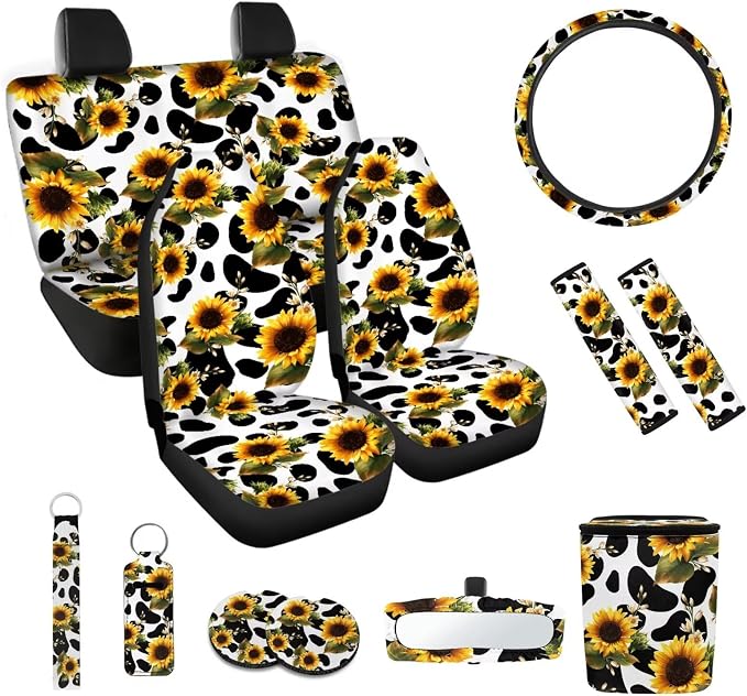 Sunflower Cow Print 12 Pack Car Decor Accessories Car Seat Covers Full Set Car Steering Wheel Cover Auto Seat Belt Cover Car Trash Can Rear View Mirror Cover Easy to Install