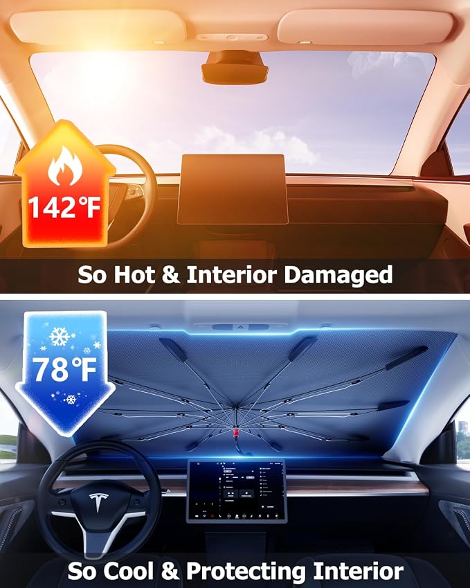 DMJN Umbrella Windshield Sun Shade for Tesla New Model Y Juniper, Y & 3 (2016-2026), Car Sunshade for Front Windshield [Nano Ice-Crystal Coatings] UPF50+ Heat & UV Block, Protect Interior & Keep Cool