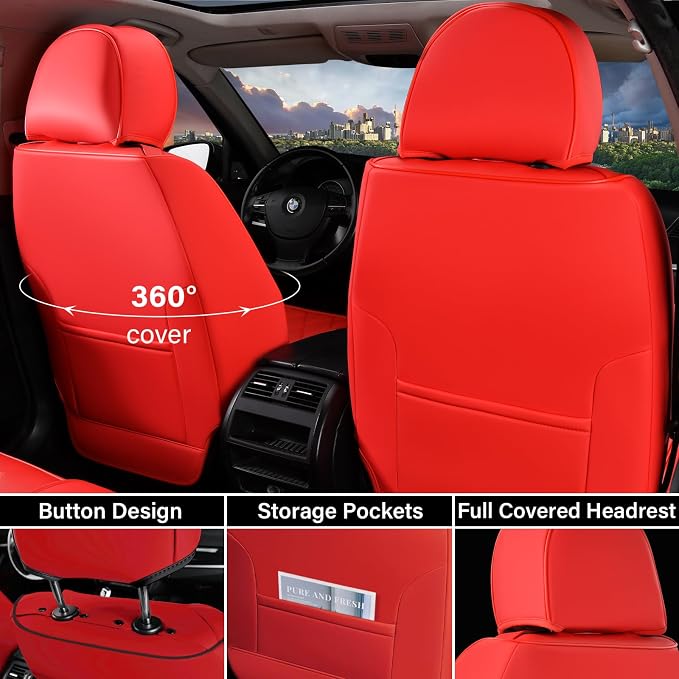 Coverado Leather Car Seat Covers Full Set, 5 Seats Seat Covers for Cars, Waterproof Car Seat Cushions, Front and Rear Seat Protectors Universal Fit Most Vehicles (Red&Beige)