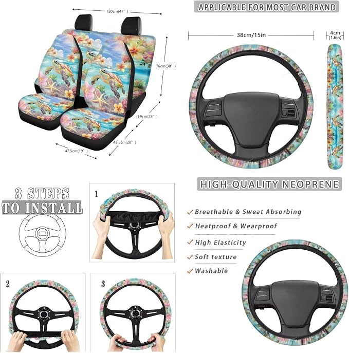 Suobstales Turtle Starfish Plumeria Print Car Accessories Set of 13, 4 Car Seat Covers, 1 Steering Wheel Cover, 1 Trash Can, 2 Seat Belt Covers, 2 Coasters, 1 Rearview Mirror Cover, 2 Keychians