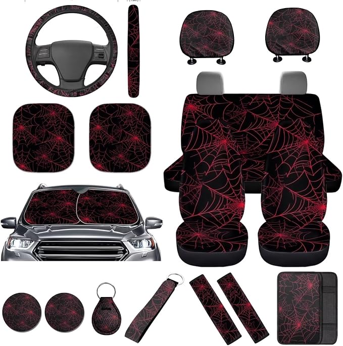 Red Spider Web Car Seat Covers with Steering Wheel Cover,Car Sun Shade,Center Cushion,Seat Belt Covers Cup Holder with Keychain,Automotive Set Unverisal Fit Most Cars SUV Turcks,16 Pack