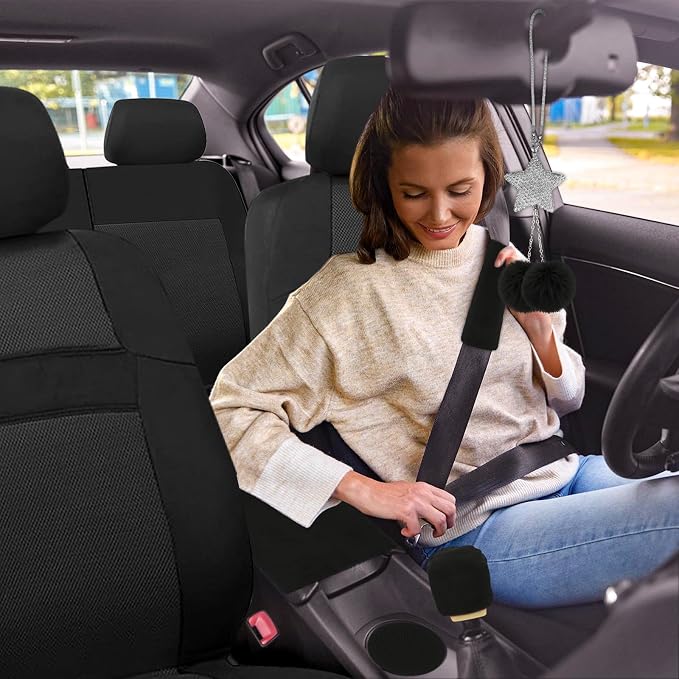 Car Seat Cover Full Set for Women with Waterproof Floor Mats,3D Air Mesh Car Seat Cover with 5mm Composite Sponge Inside,Universal Fluffy Steering Wheel Cover, Accessories Full(Black)
