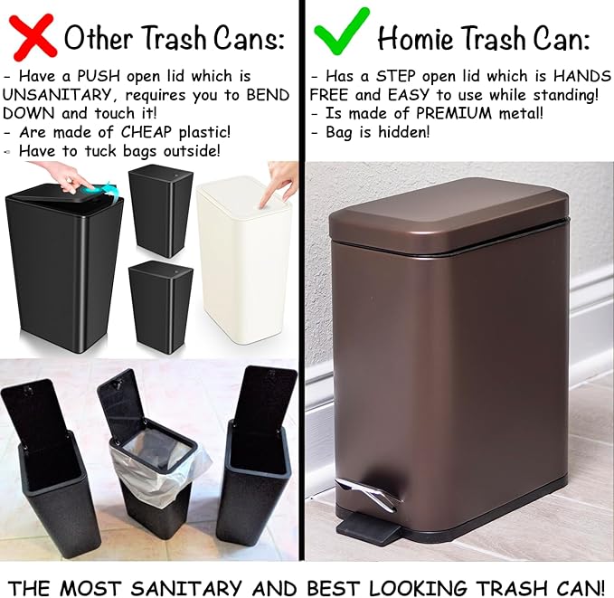 Homie Soft Close, Slim Trash Can 1.6 Gallon with Anti - Bag Slip Liner and Lid, Use as Mini Garbage Basket, Slim Dust Bin, or Decor in Bathroom, Restroom, Kitchen, or Bedroom (Bronze)