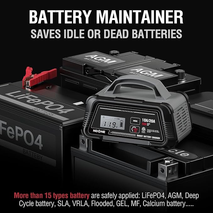 NOONE 10A/20A Smart Battery Charger & Maintainer - 12V/24V Fully Automatic with 50A Engine Start, Winter Mode, and Auto Repair - Car Trickle Charger for AGM, Gel, Deep Cycle & LiFePO4 Batteries