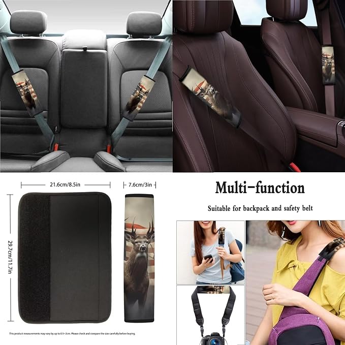 Xoenoiee Deer and American Flag Print 11 Pack Universal Car Seat Covers Front & Rear for Women Car Interior Accessories with Steering Wheel Cover, Seat Belt Pads, Cup Coaster, Key Chains