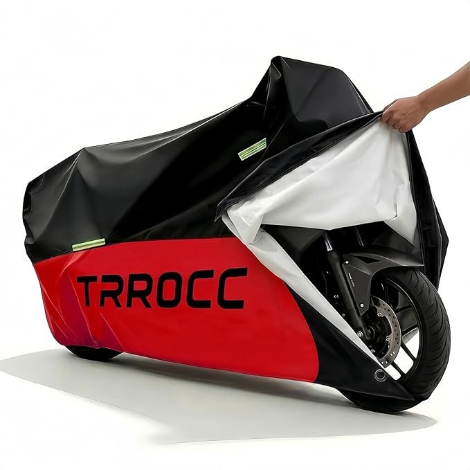 300D Heavy Duty Motorcycle Cover Waterproof Outdoor, Quad Cover for BMW, Harley, Yamaha, Lined with Cotton, Touring, Sportbike, Scooter, Powersports Vehicle Covers, XXL Black & Red