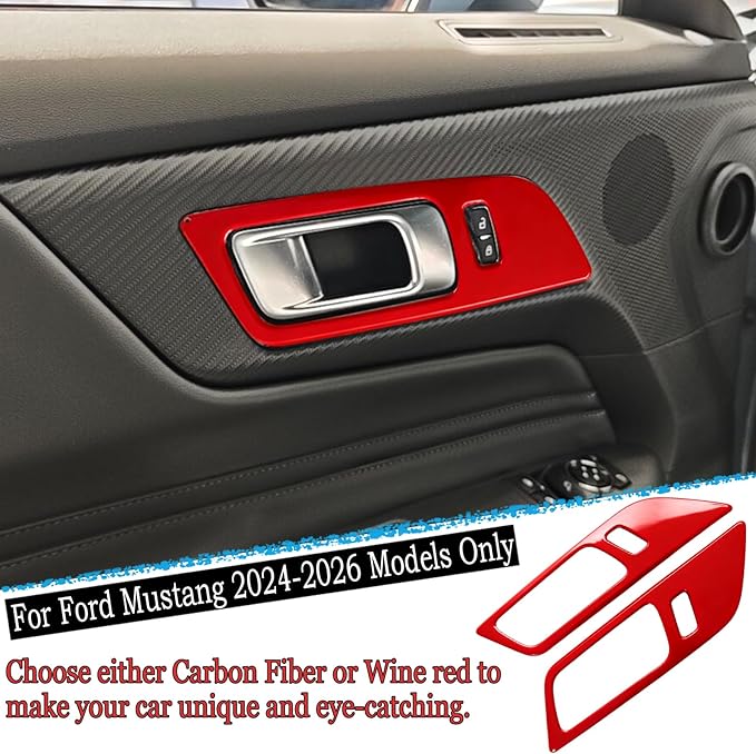 MUXEE Inner Door Handle Cover，for Ford Mustang 2024-2026 / Shelby GT350 2015-2020 / GT500 2020-2022，ABS Wine red Decal Interior Trim Cover Accessories (Without Memory seat Button Style)