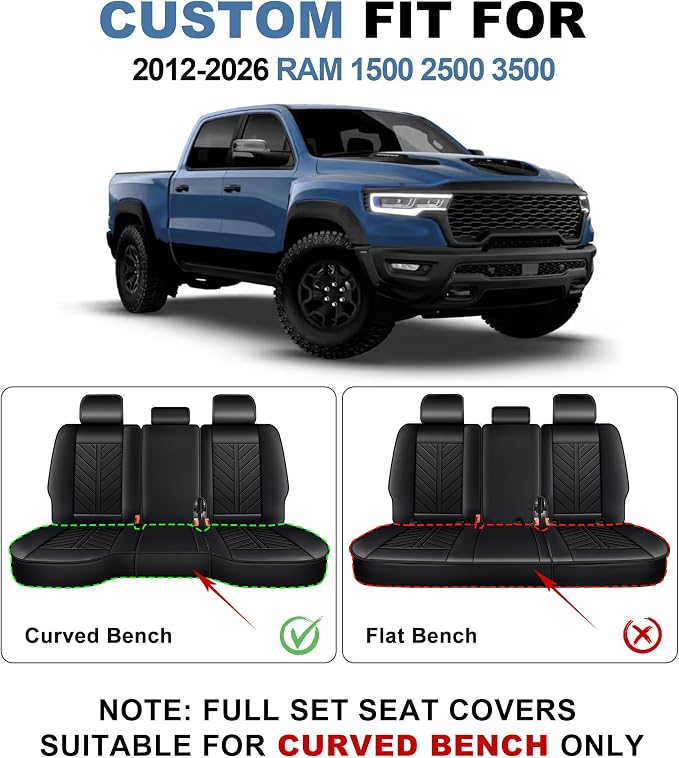 for Dodge RAM 1500 2500 3500 2012-2026 Front Seat Covers | Faux Leather Breathable Cooling Truck Bighorn Laramie Tradesman Crew Cab, Leather Seat Protector (2 Front Set, Black)