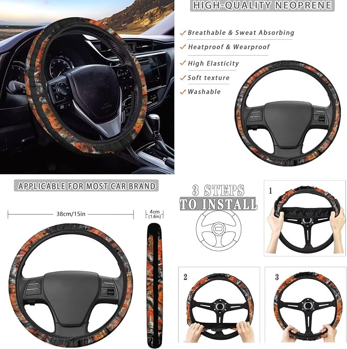 KEIAHUAN Car Seat Covers Front Back Includes Handbrake Gear Shift Knob Cover Steering Wheel Cover Headrest Cover Car Cup Coasters Auto Interior Accessories(Camo Hunting American Flag)