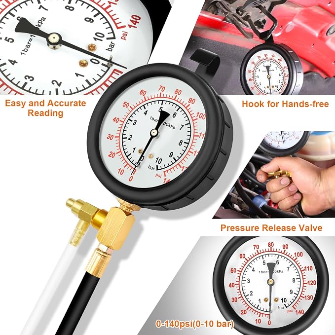 Pro Fuel Injection Pressure Tester Kit Gauge 0-140 PSI with 9.49,7.89,6.30 Fuel Line Fittings
