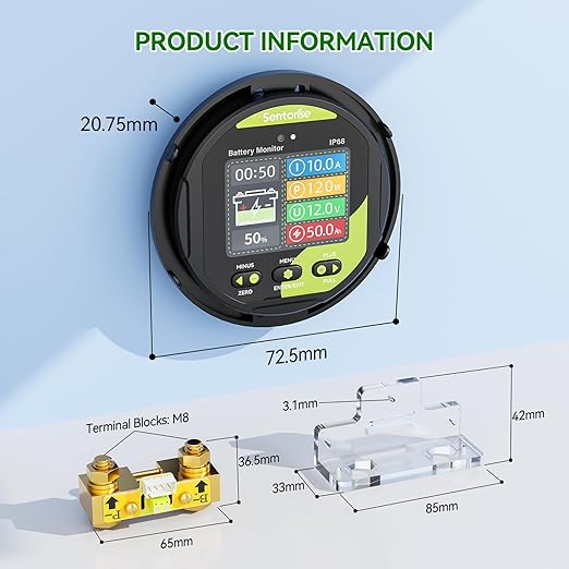 0-500A Battery Monitor with Shunt, 8-120V IP68 Waterproof LCD Screen with Buzzer Alarm for RV Solar Marine Off-Grid System, Capacity Percentage Time Power Voltmeter Display