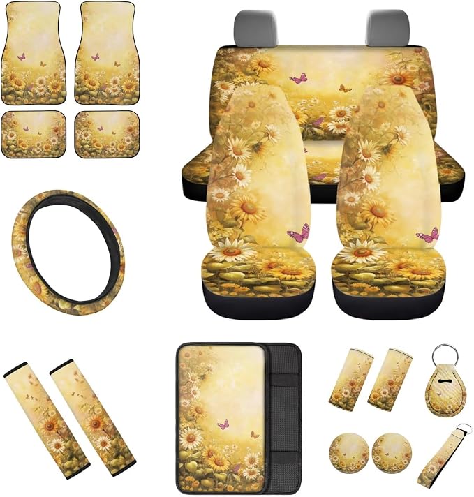 18 PCS Butterfly Sunflower Car Interior Accessories Set for Women, Car Seat Covers with Steering Wheel Cover Floor Mats Armrest Pad Seat Belt Pads Roof Handle Wraps Cup Coaster Keychain