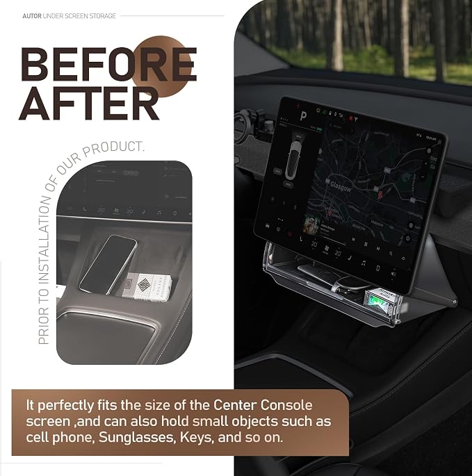 AUTOR Hideable Tesla Under Screen Storage for 2024-2025 Model 3 Highland and 2025 Model Y Juniper Center Console Organizer Tray Model Y /3 Accessories