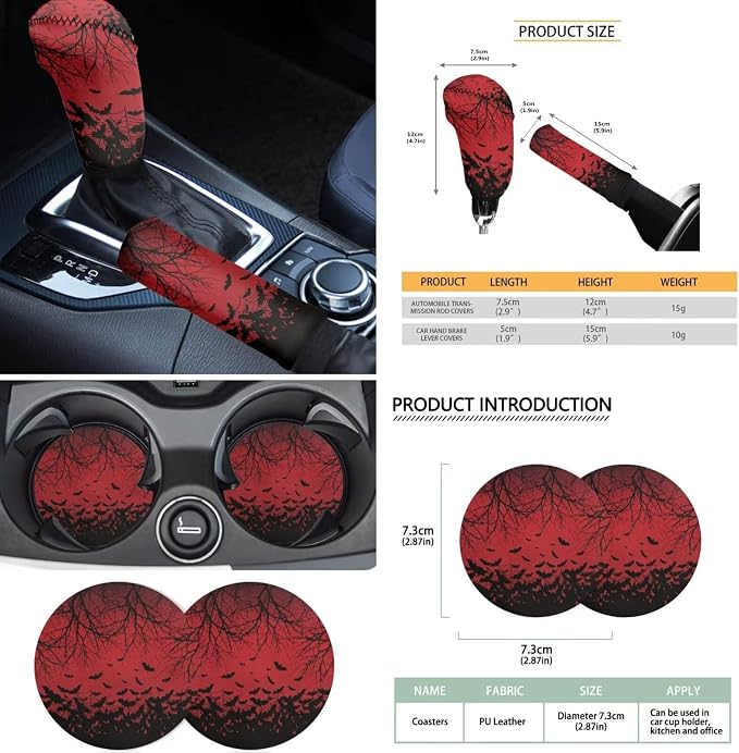 18Pcs Bat Car Seat Covers Full Set Center Console Cover+Steering Wheel Protector+Seat Belt Cover+Handbrake Protector+Car Cup Mats+Keychain+Headrest Cover Gothic Red Car Accessories