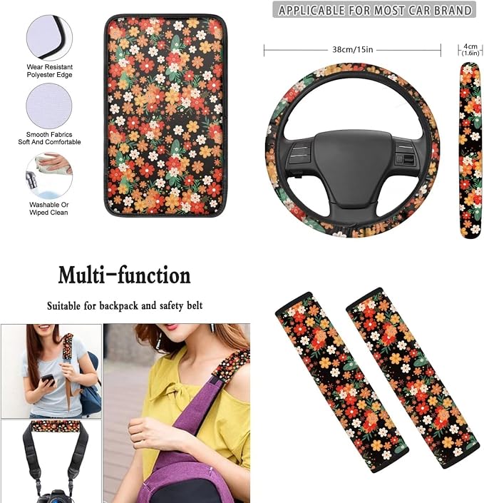 Mumeson Spring Flowers Car Seat Covers Set with Steering Wheel Cover, Seat Belt Shoulder Pads,Car Armrest Cushion of Car Full Set of 8 Pieces Auto Interior Protector Set for Womens