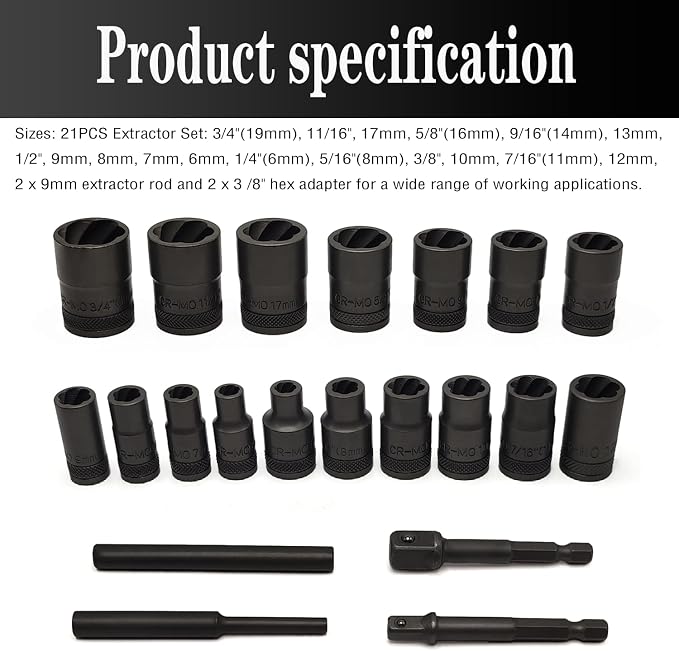 21PCS Twist Lug Nut Socket Set - 3/8 inch Drive Damaged Nut Lock Remover Extractor - Rusted & Strip & Stripped & Stuck Locking Nut Removal Tool Kit