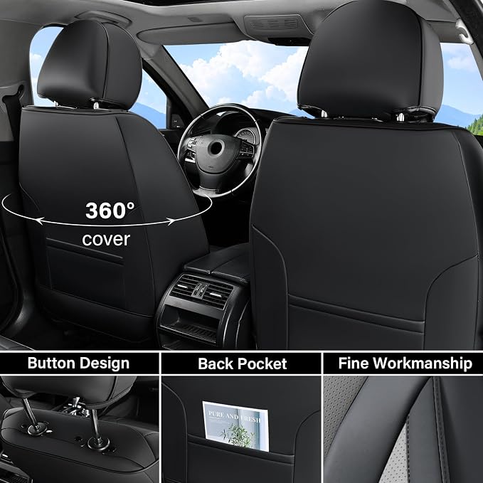 Coverado Waterproof Nappa Leather Car Seat Covers, Automotive Fullset Seat Covers, 5 Seat Car Seat Cushion & Protector, Black&Gray Front and Rear Covers Universal Fit for Most Cars, SUVs, Trucks