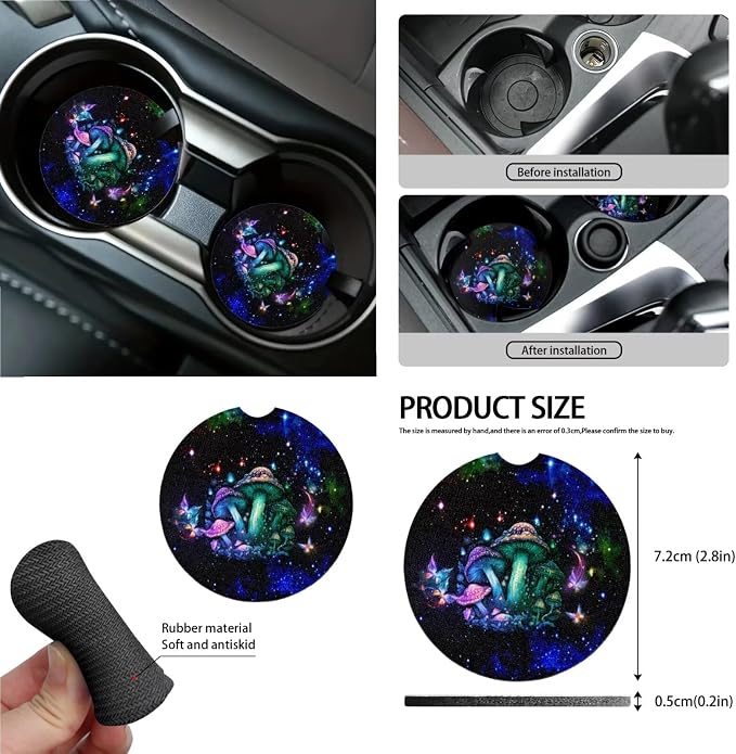 Mushroom Butterfly Galaxy Print Auto Interior Sets of 15, Front Rear Car Seat Covers Steering Wheel Cover Trash Can Seat Belt Pad Mirror Cover Keychain Air Vent Storage Bag Coasters
